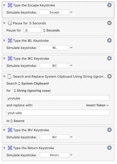 Keyboard Maestro action for automatically changing youtube to yout-ube.