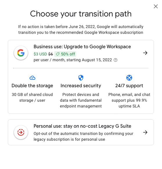 Legacy G Suite transition path options