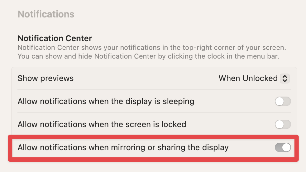 Notification settings to get notifications back when using external display.